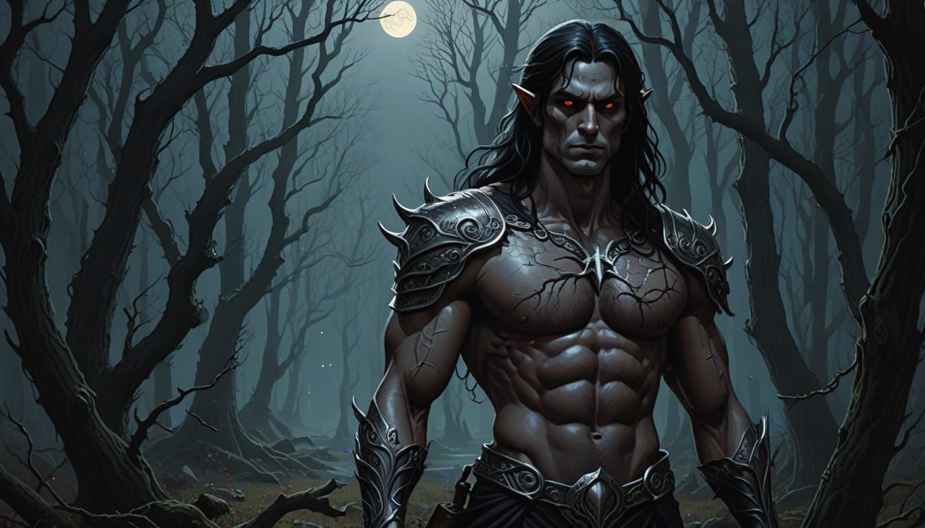 Dark, Mystical Drow Elf in Moonlit Forest