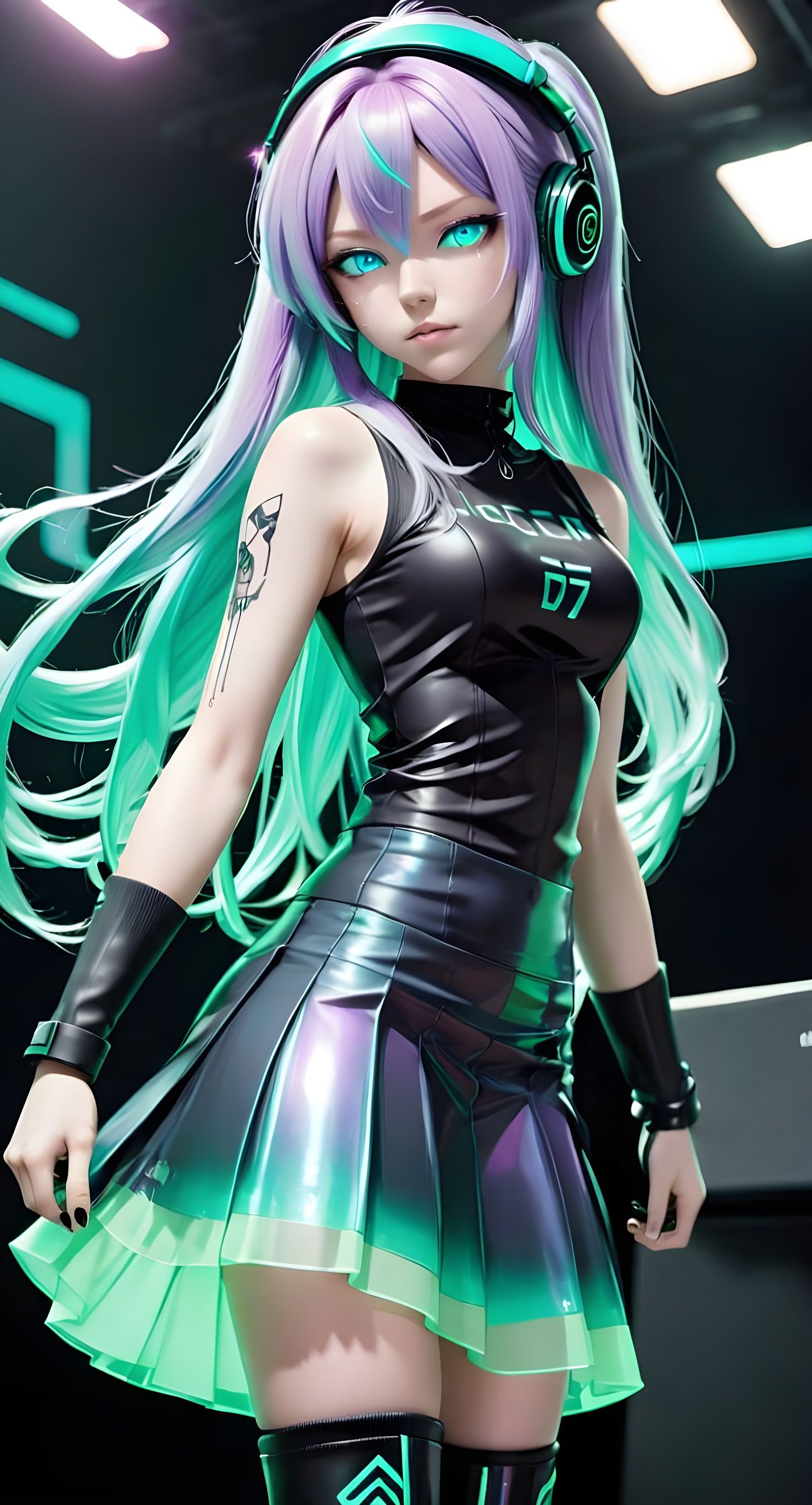 Vocaloid Girl with Iridescent Outfit and Green Details