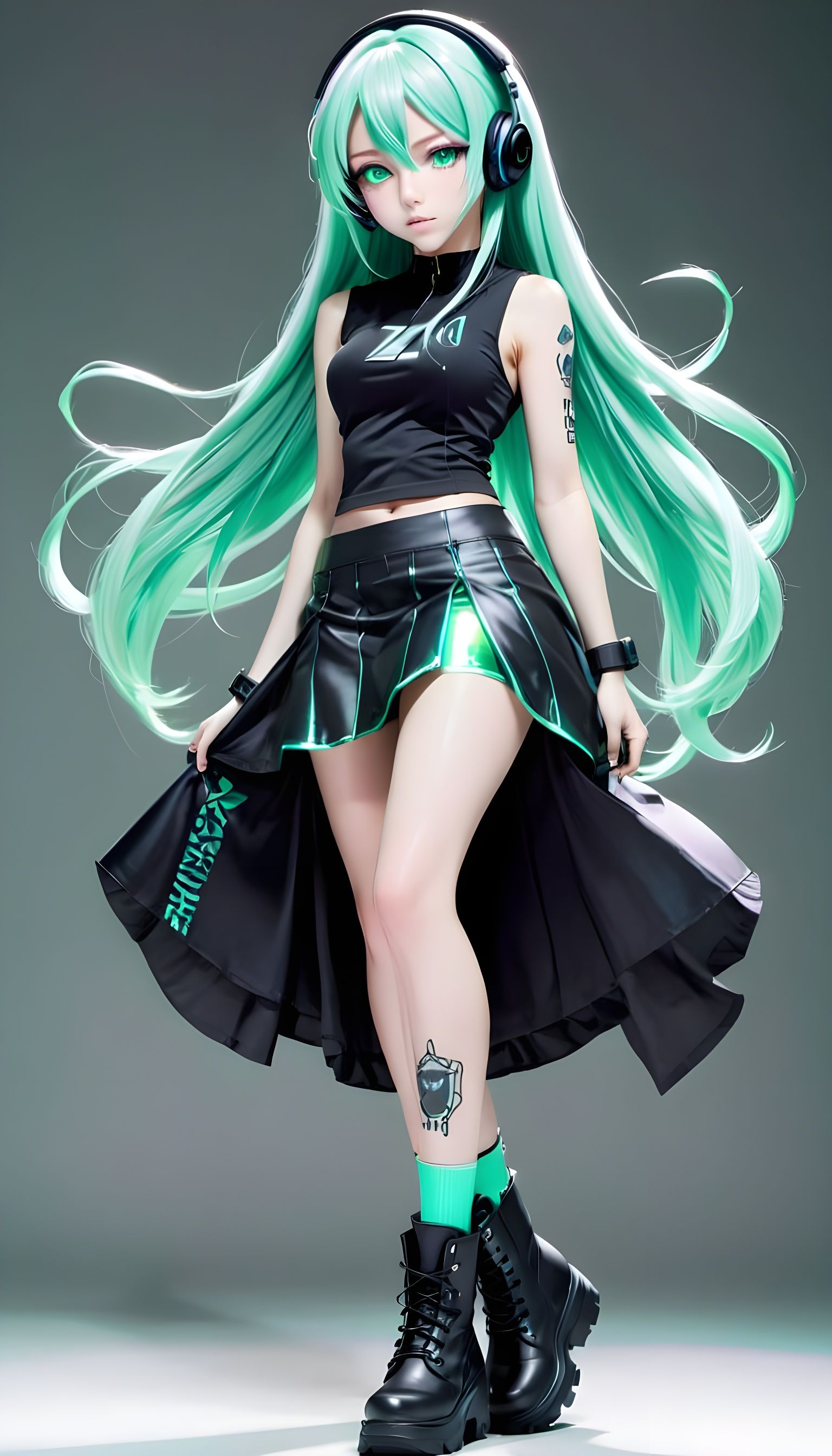 Beautiful Vocaloid with Iridescent Outfit and Green Details