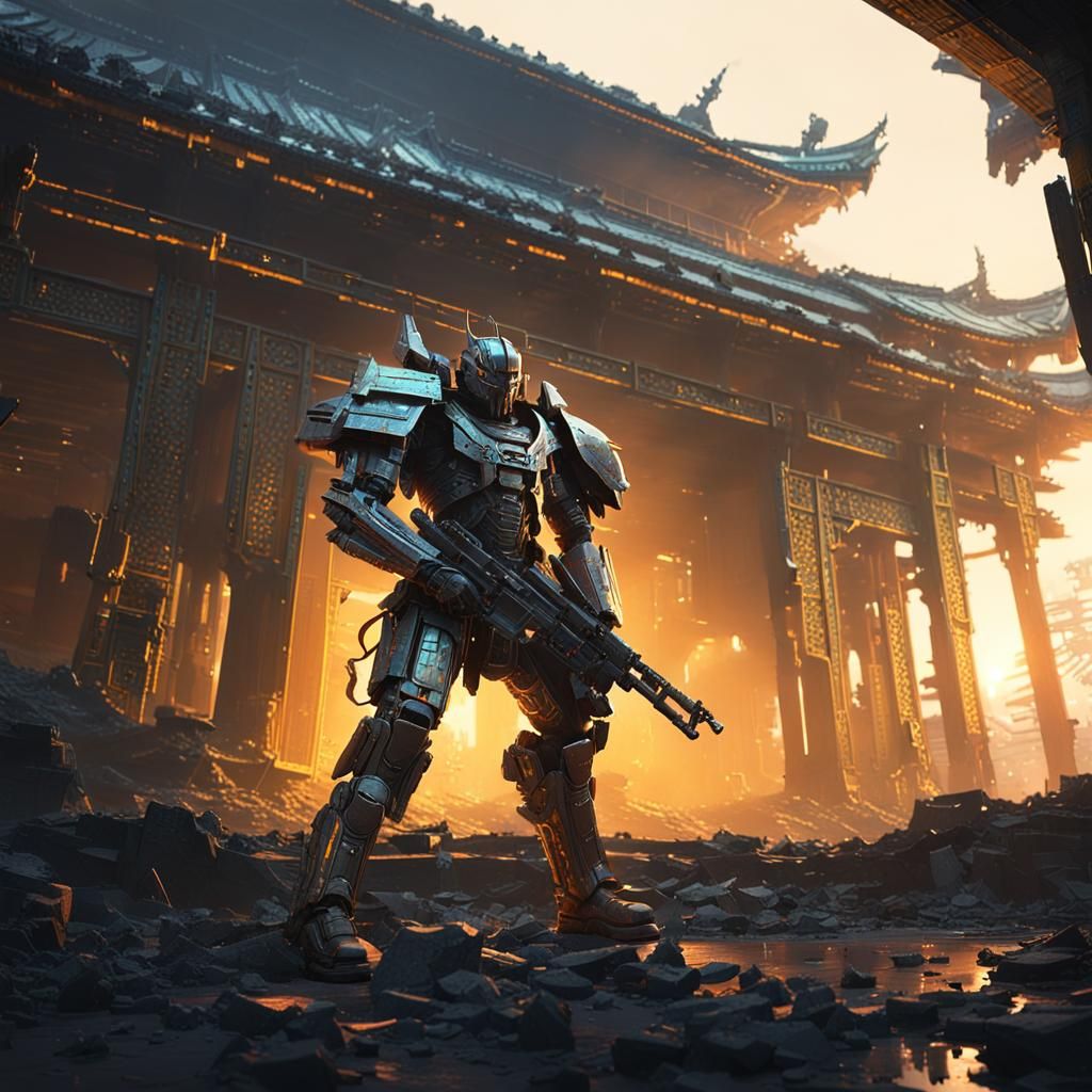 Giant Cyberpunk Samurai Mech in Abandoned Temple