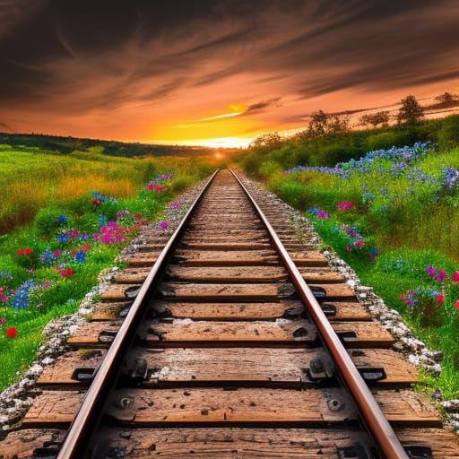 Vintage Train Track at Sunset with Wildflowers