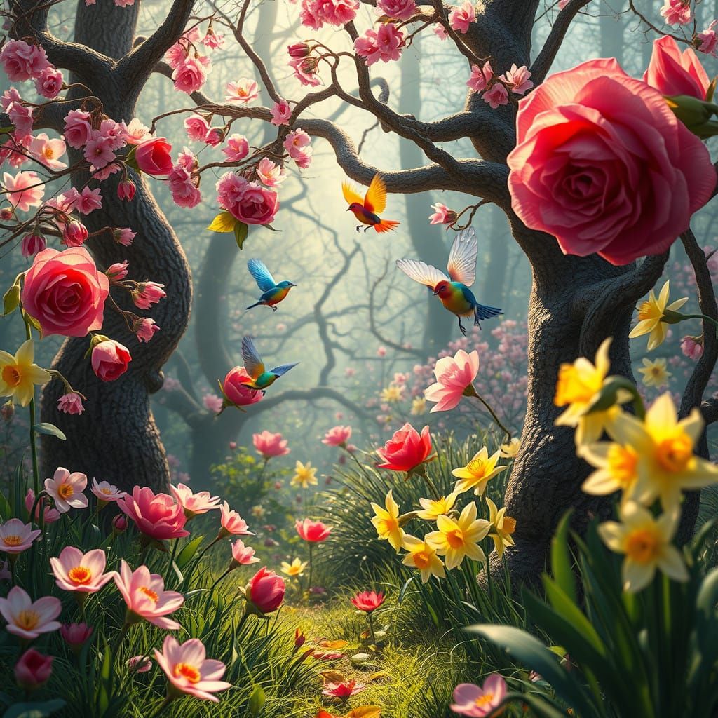 Vibrant Whimsical Forest Scene in Spring