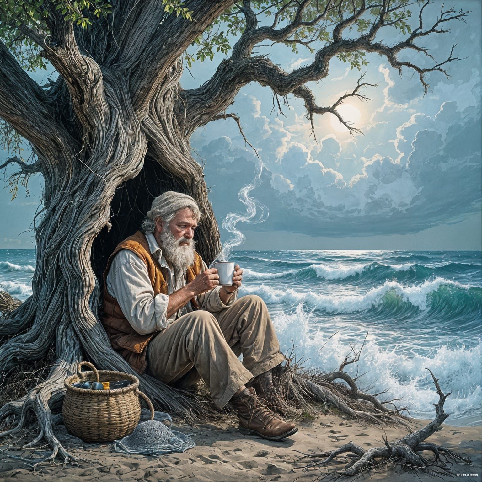 Ancient Tree Shelter on Stormy Shore as Gouache Painting