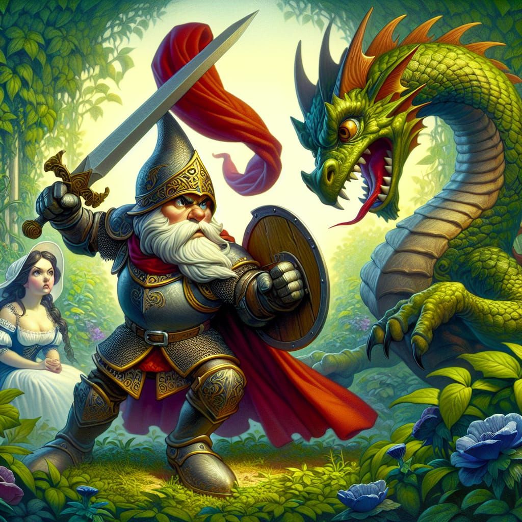 Gnome Knight Dragon Battle in Art Nouveau Style