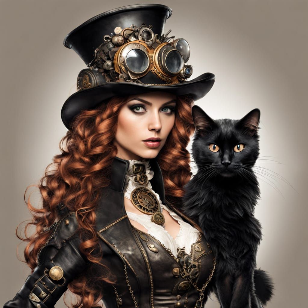 Steampunk Witch with Feline Companion