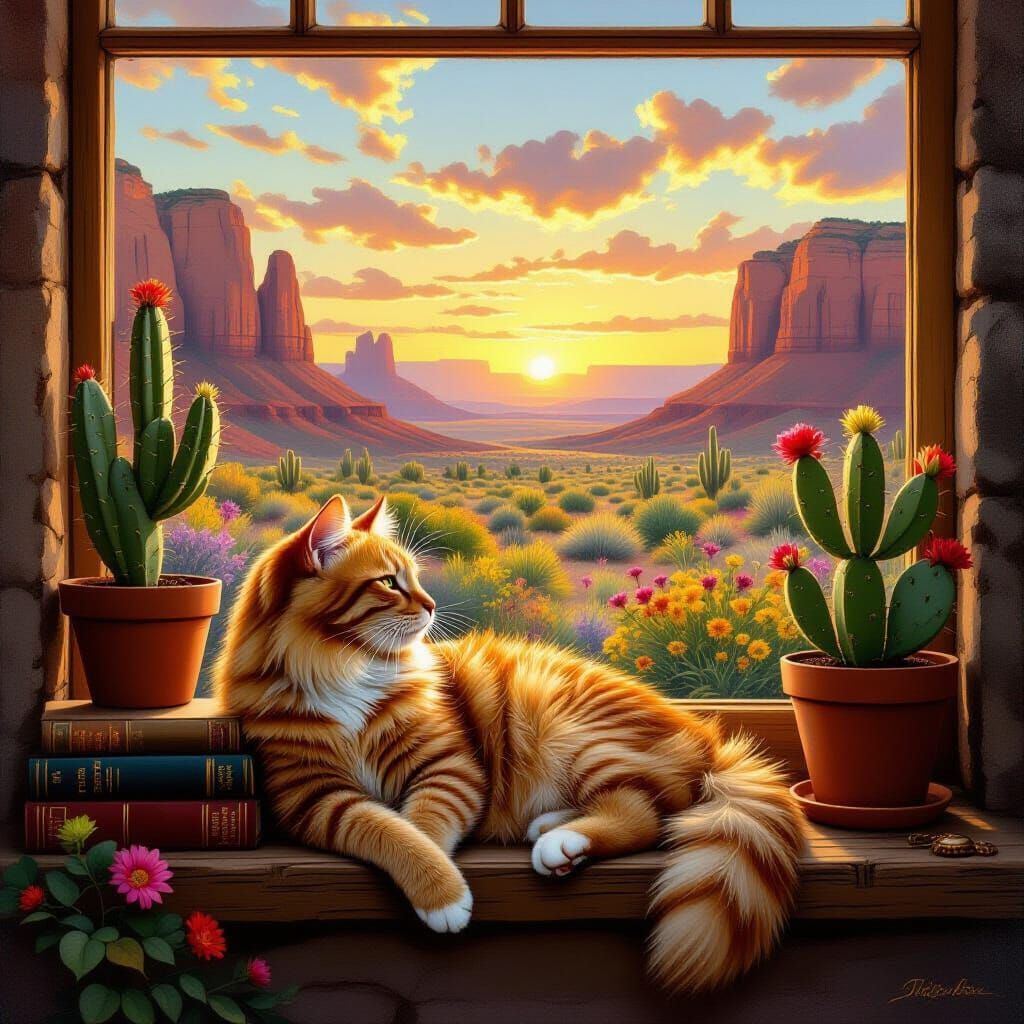 Tabby Cat Gazing at Desert Sunset, Classical Painting
