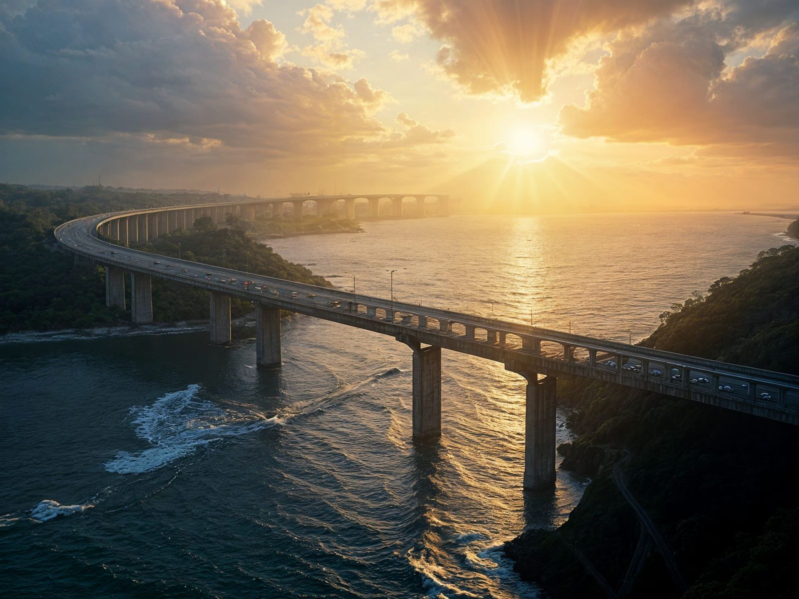 Surreal Highway Bridge Under Golden God Rays at Ocean Conflu...