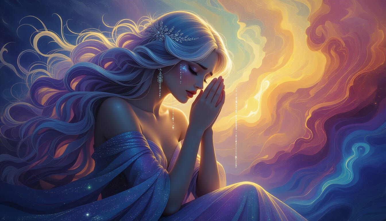 Celestial Goddess Weeping in Nebula, Fantasy Art