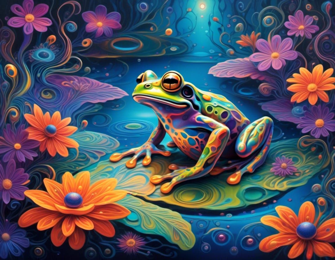 A trippy and surreal psychedelic frog <lora:Trippy Figures:1...