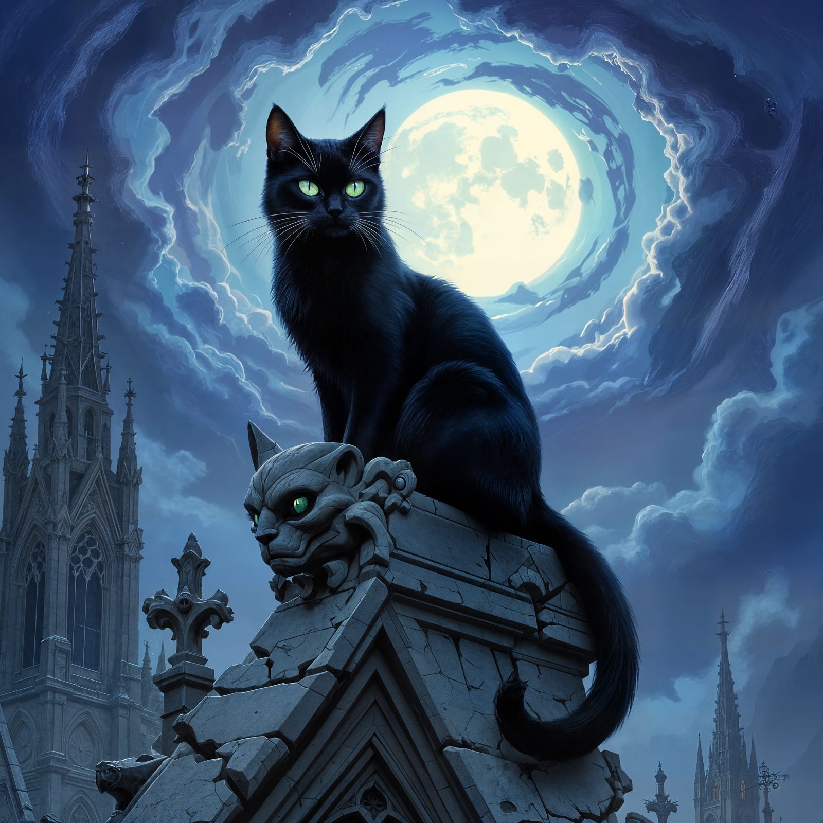 Obsidian Cat on Gothic Cathedral Gargoyle