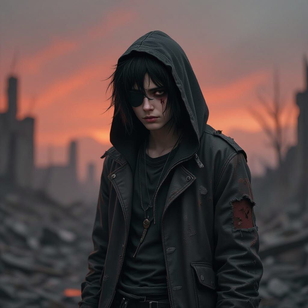 Melancholic Youth in Ruined Landscape: Photorealistic Portra...