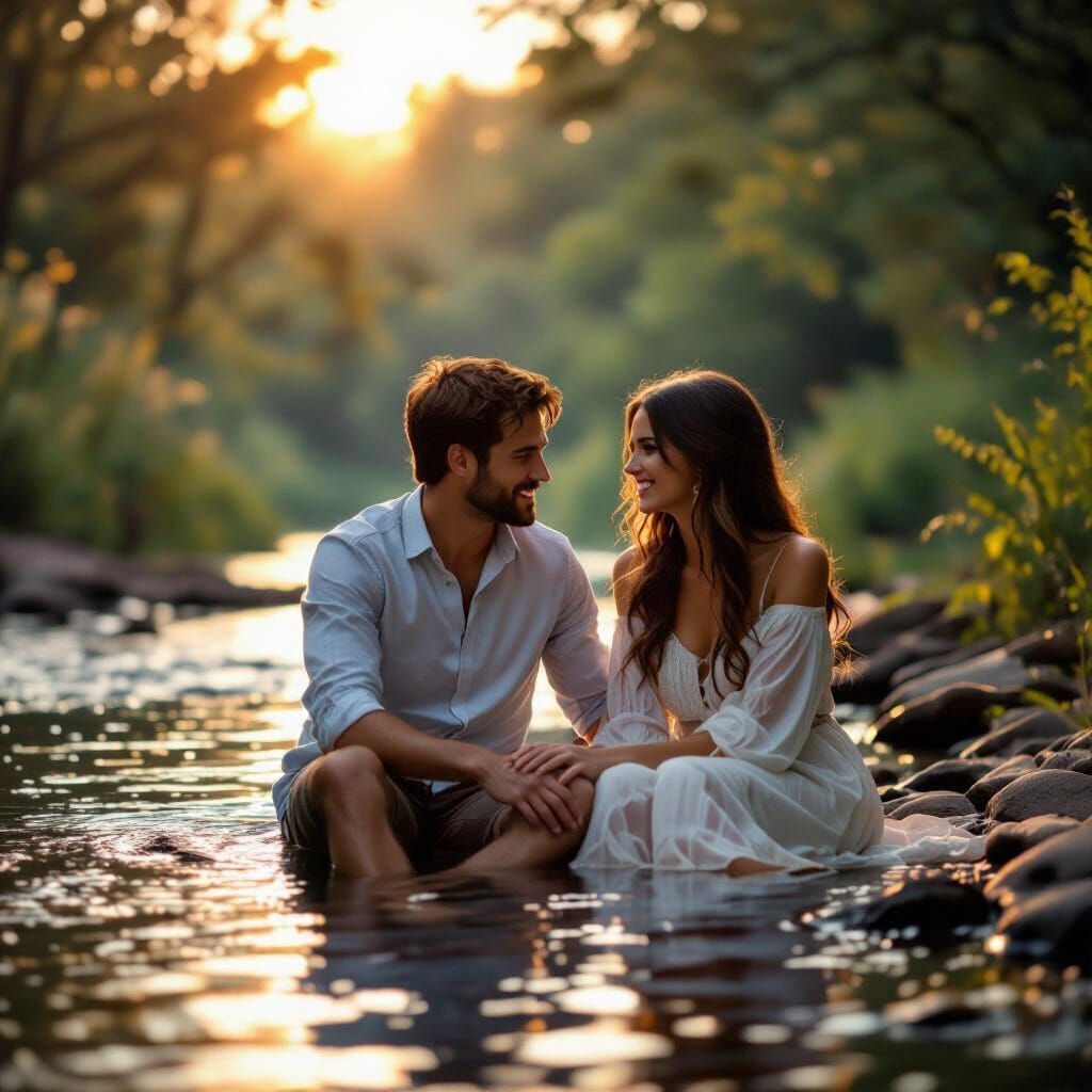 Romantic Couple by Riverbank in Warm, Dreamy Light