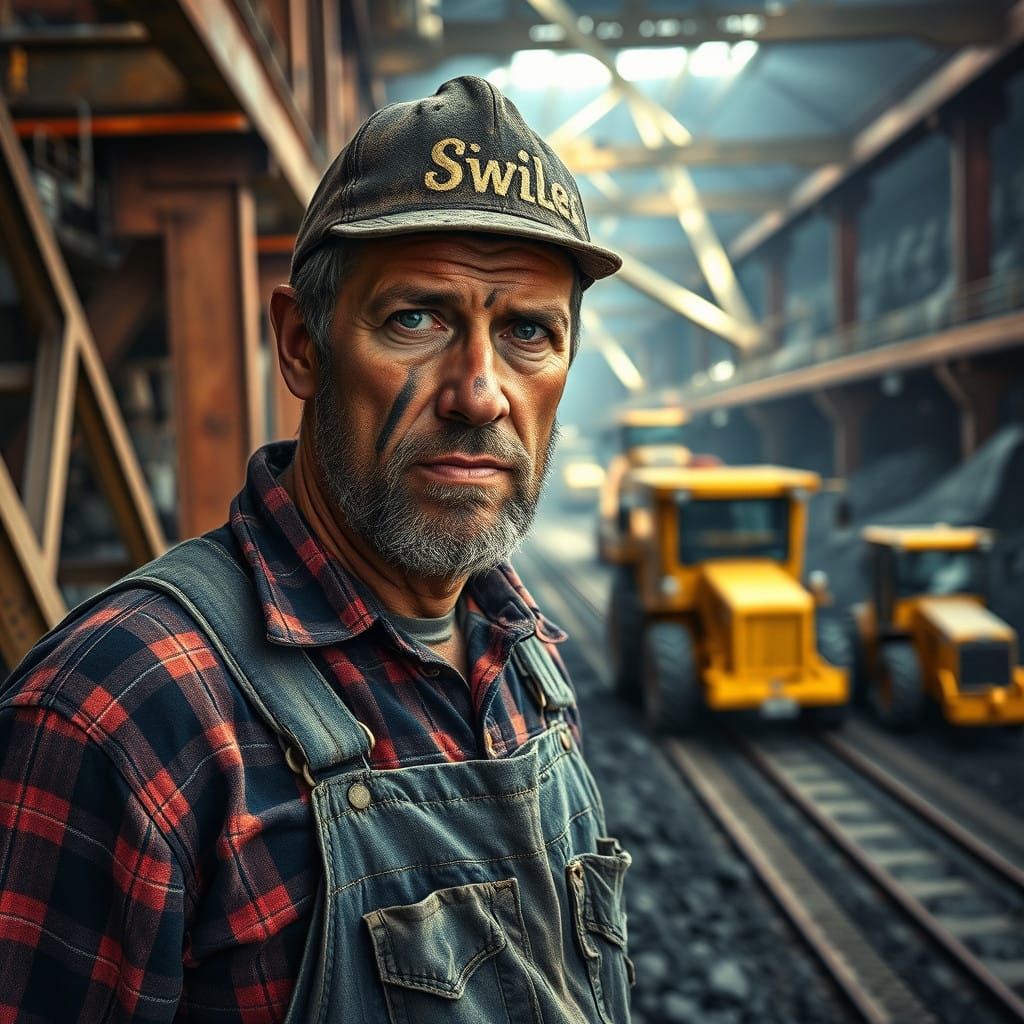 Coal Miner in Grim Industrial Landscape