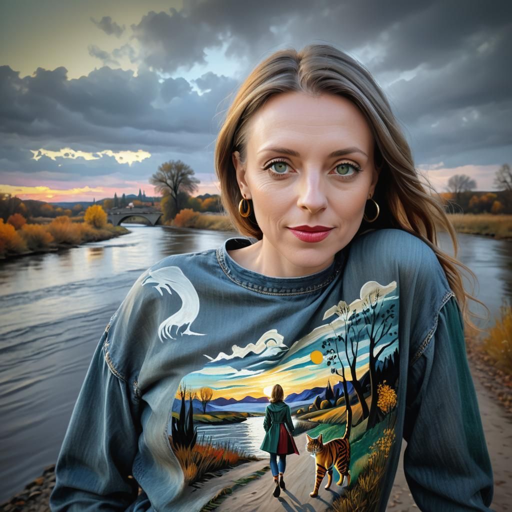 Woman with Cat Guernica, Gothic Watercolor Style