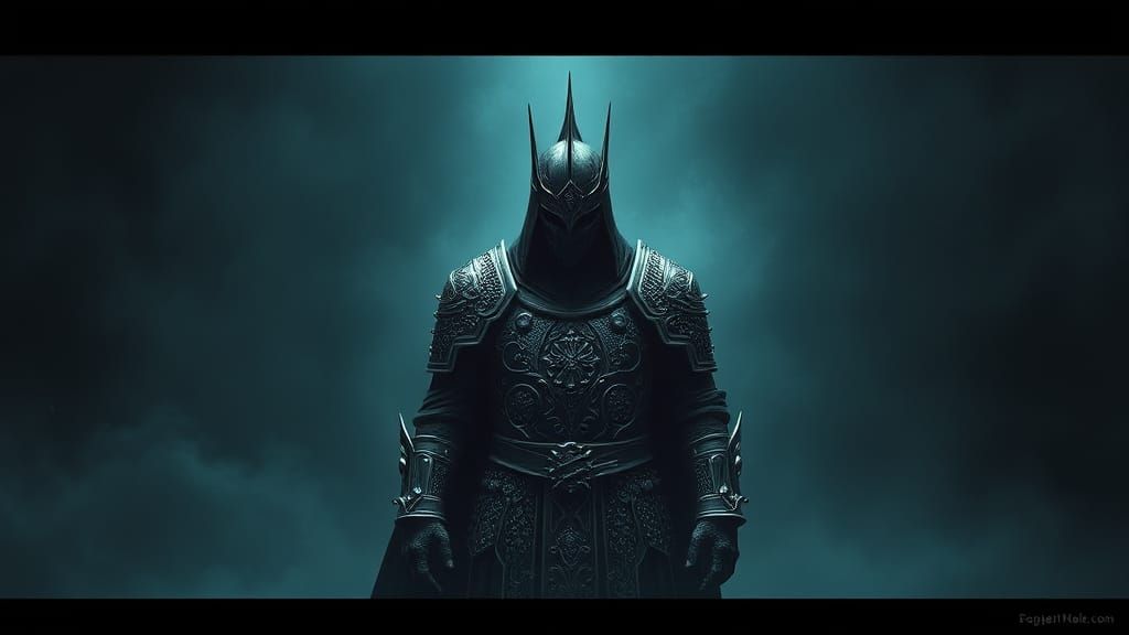 Brooding Armored Figure in Mystical Setting