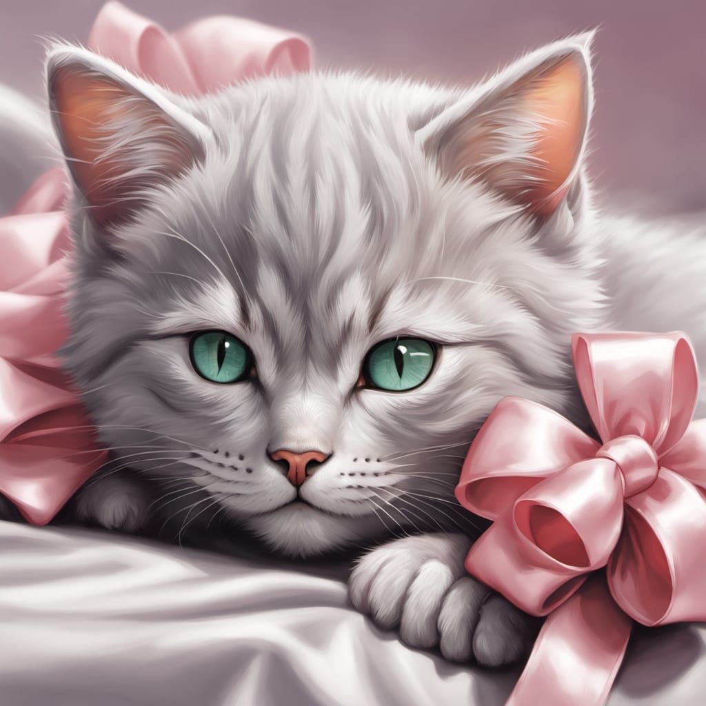 Photorealistic Kitten Sleeping with Tiny Mouse, Gentle Paste...