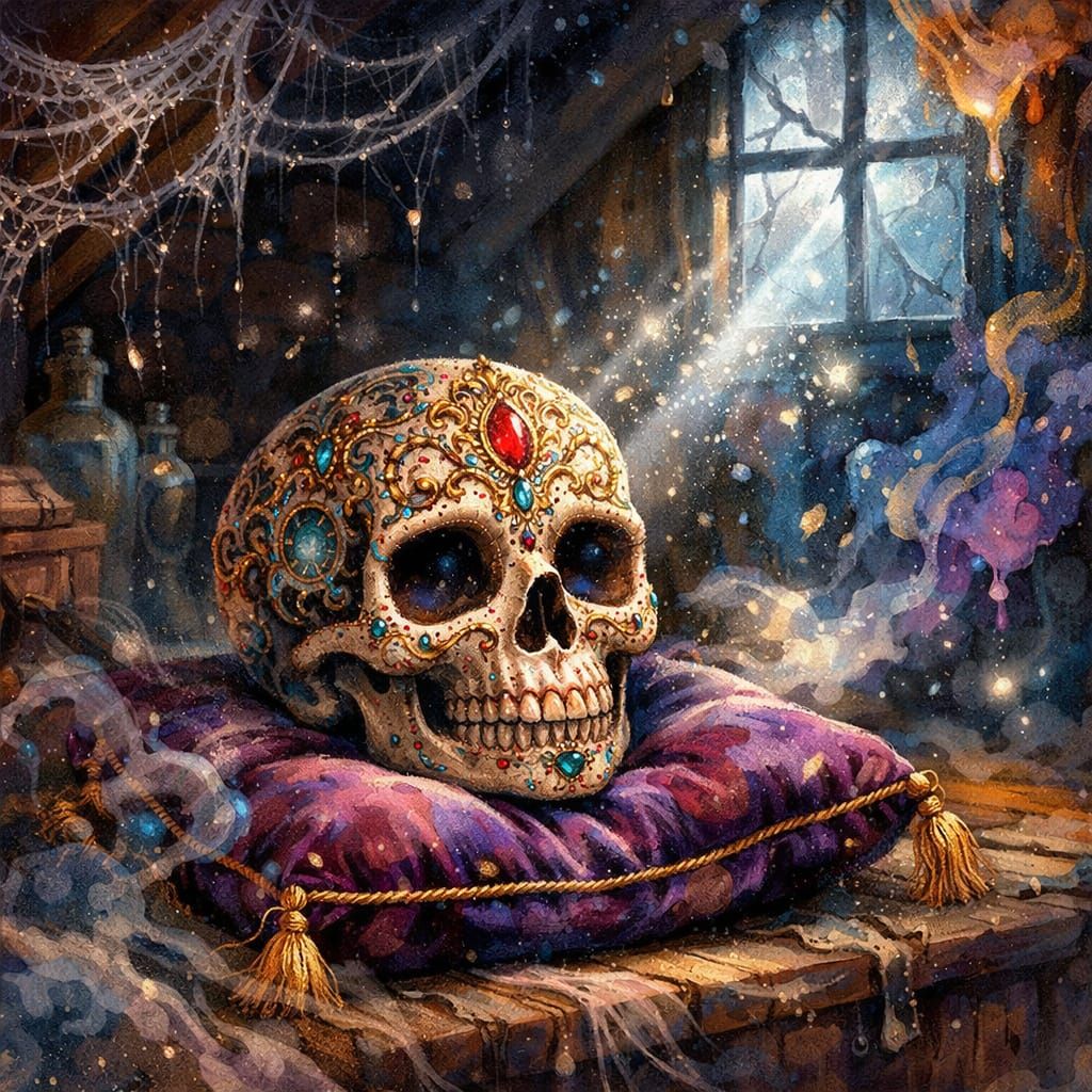 Jeweled Skull on Velvet Cushion in Dusty Attic