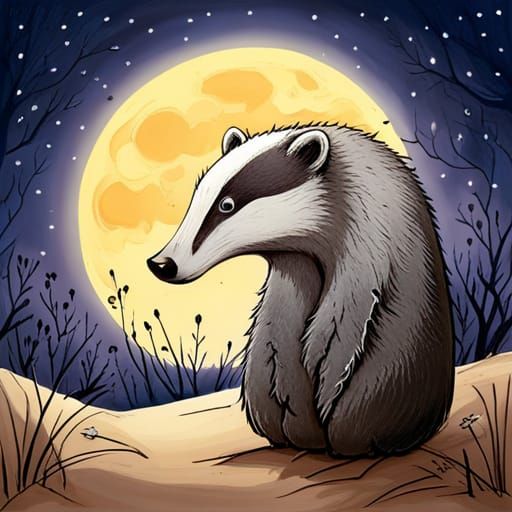 Adorable Badger Sniffing Under Moonlight, Illustrated Style