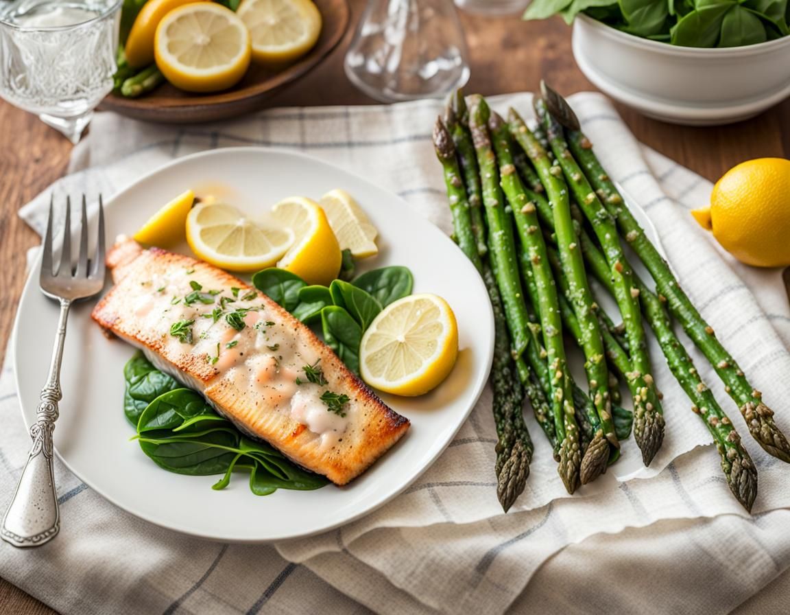 Baked Fish with Asparagus and Spinach Presentation