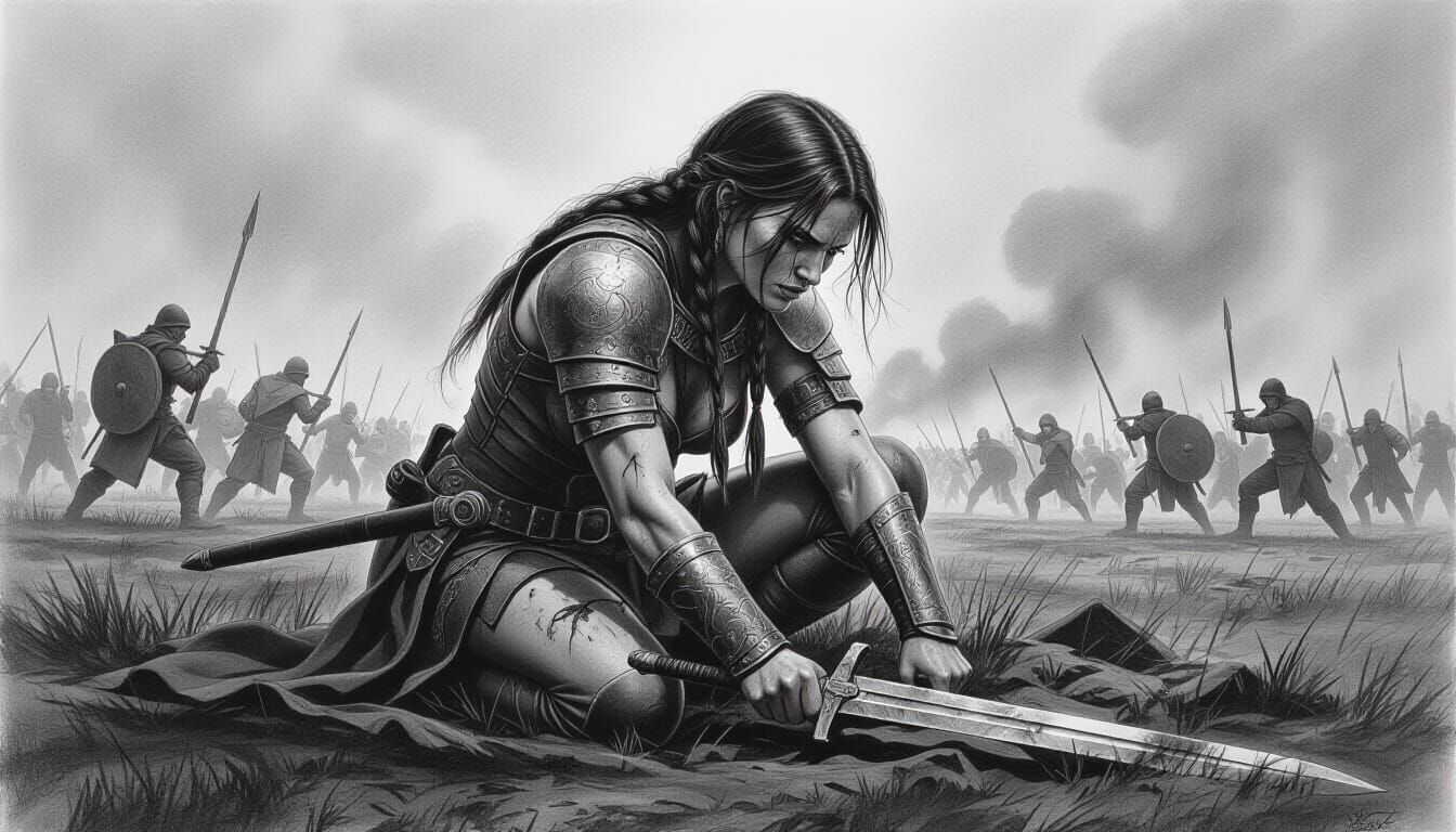 Female Warrior Lost on Battlefield Charcoal Drawing