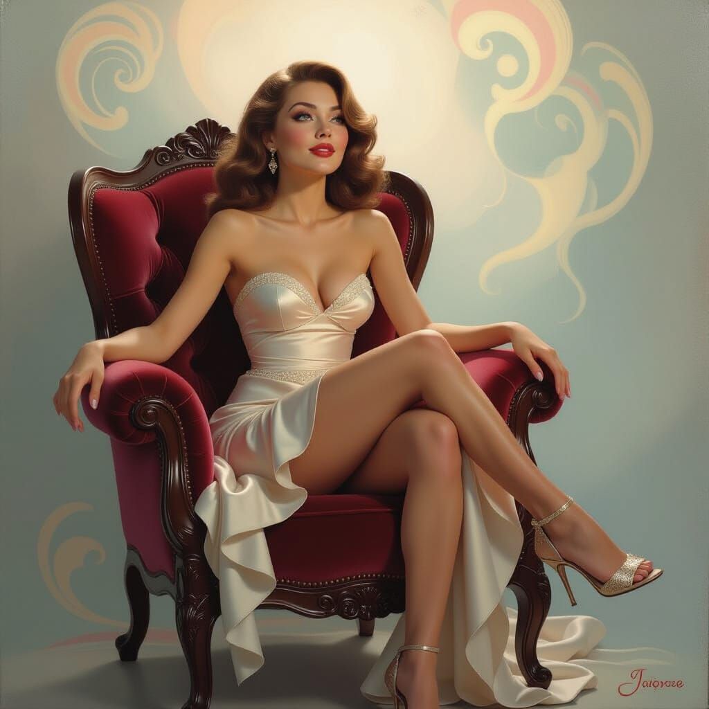 Woman in Mini Dress on Velvet Chair with Dreamlike Wonder