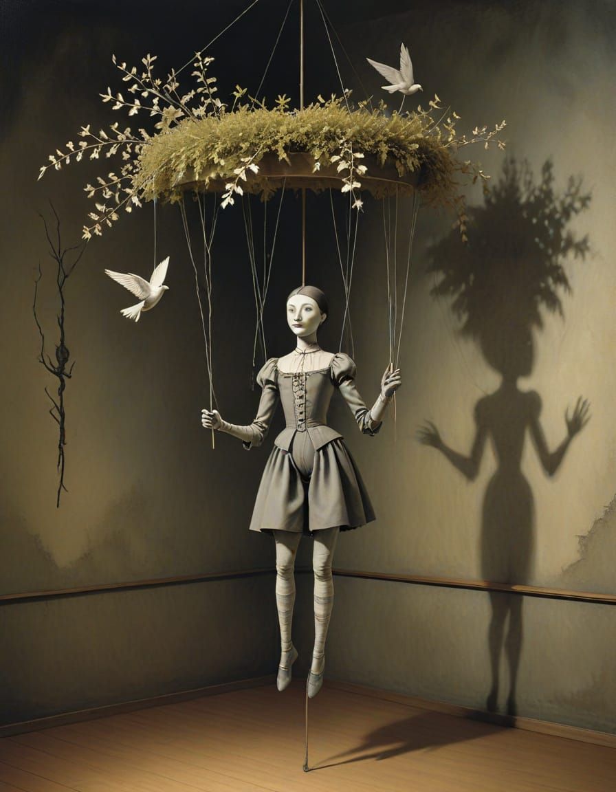 Spring foliate Remedios Varo ballroom ecstatic peasant marionette maquette monochromatic quint Buchholz  twilight