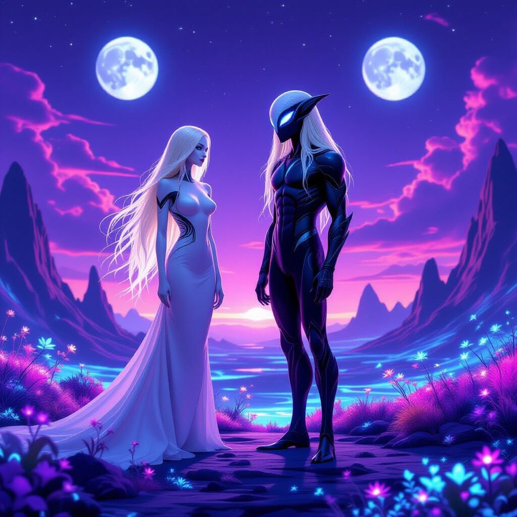 Alien Humanoids on Luminous Landscape Under Purple Sky