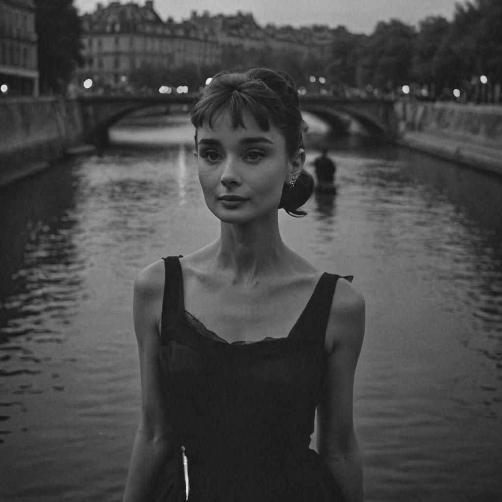 Audrey Hepburn in Paris: Monochromatic Film Still