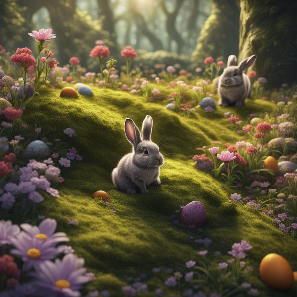 Rabbits Hide Easter Eggs in a Fantasy Garden