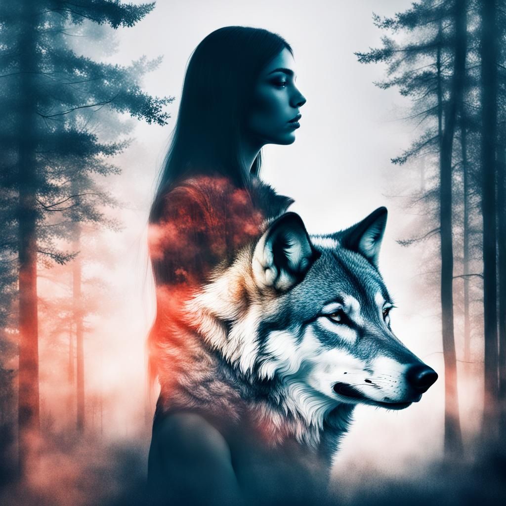 Double Exposure: Girl and Wolf Silhouette