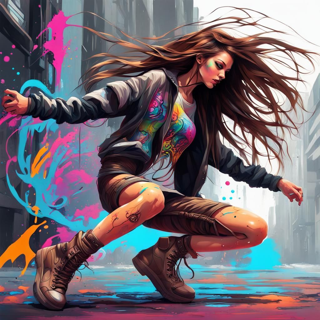Cyberpunk Girl Dancing in Graffiti Street Art