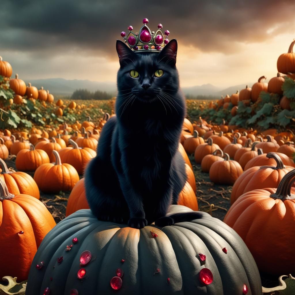 Crowned Black Cat in Pumpkin Patch