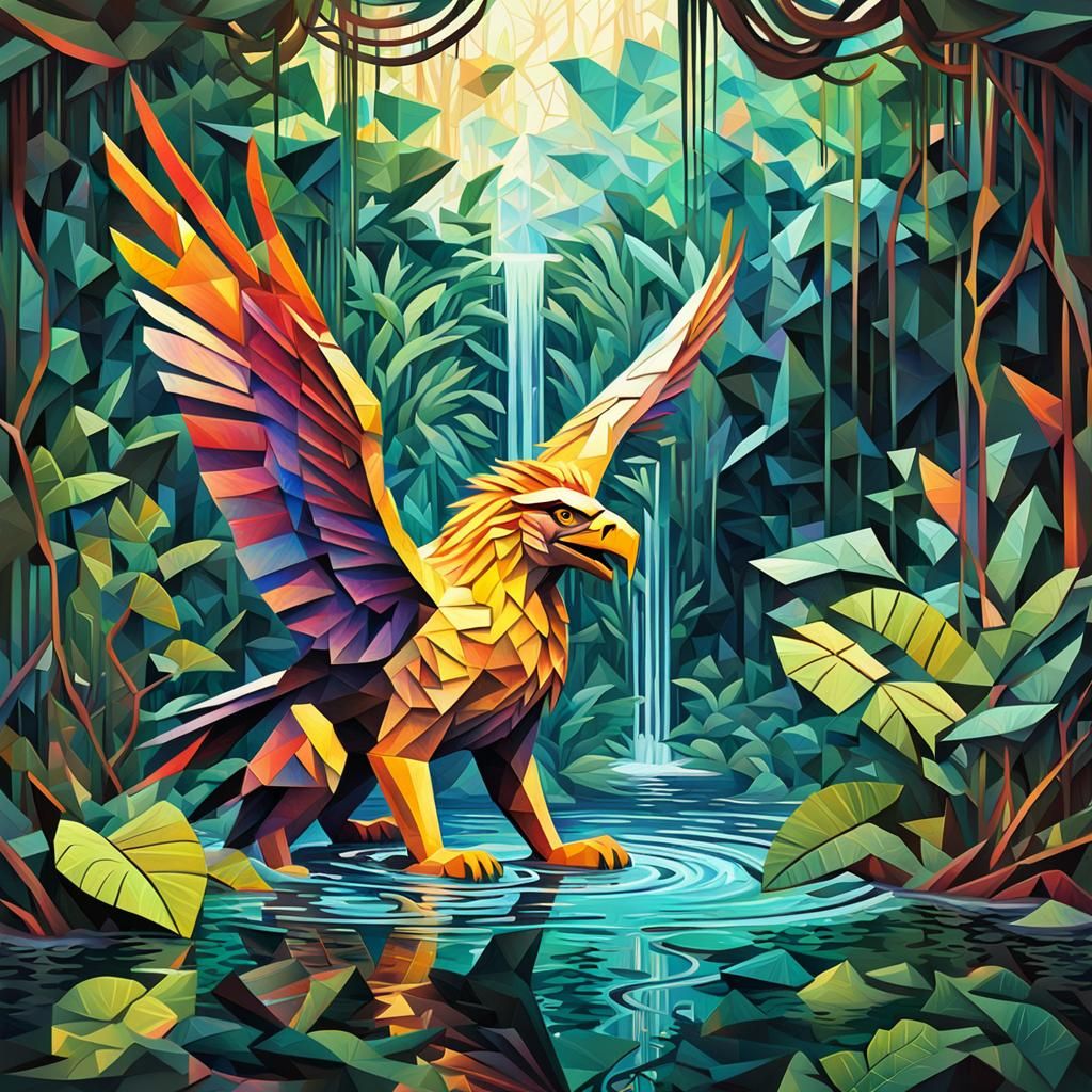 Iridescent Gryphon: Cubist Art Deco Cenote Scene