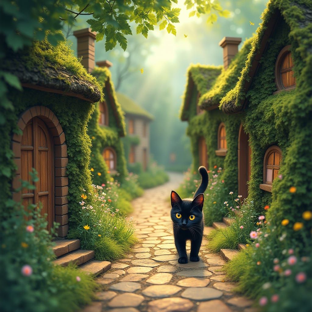 Dreamy Black Cat Explores Whimsical Ghibli Village in Waterc...