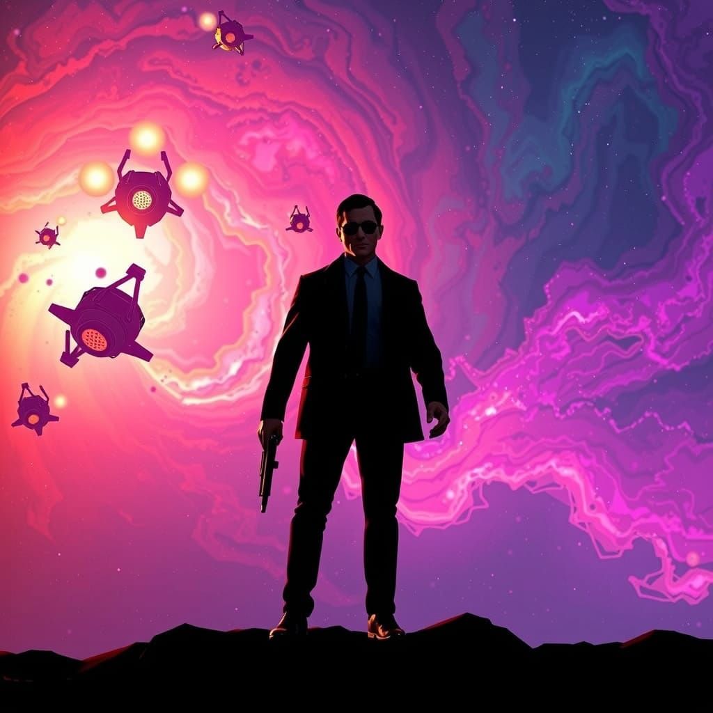 Men in Black Agent Silhouetted Against Swirling Nebula
