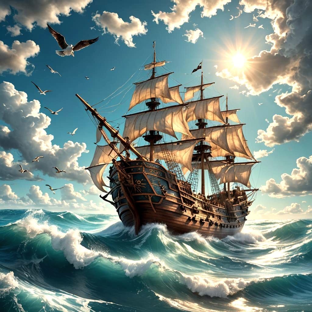 Hyperrealistic Pirate Ship on Turquoise Sea