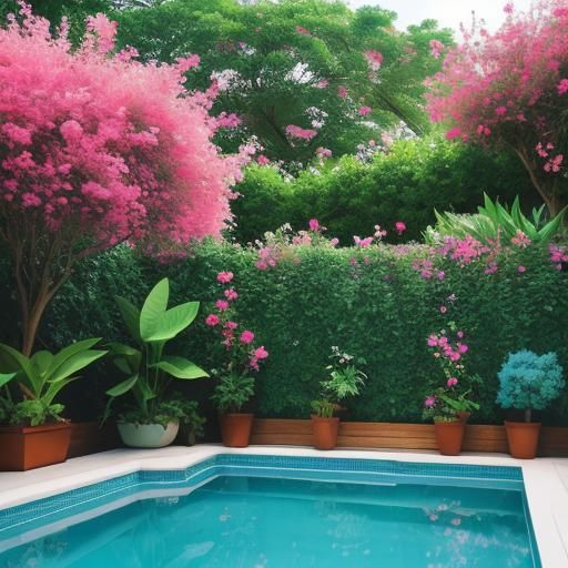 Candy Pink and Blue Pool with Lush Plants
