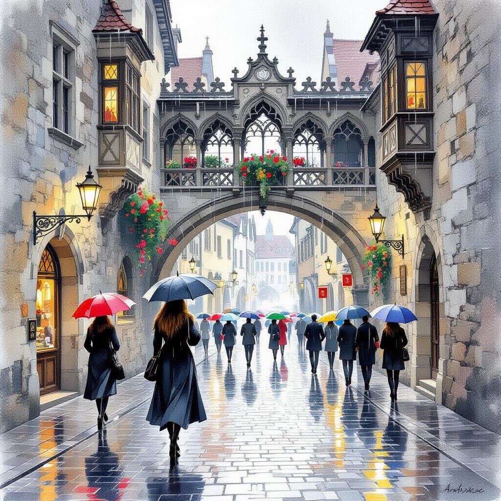 Rainy Day in Old Town: A Watercolor Painting