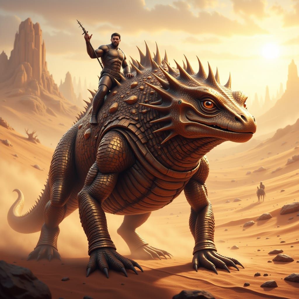 Bronze Reptilian Mount in Desert Landscape
