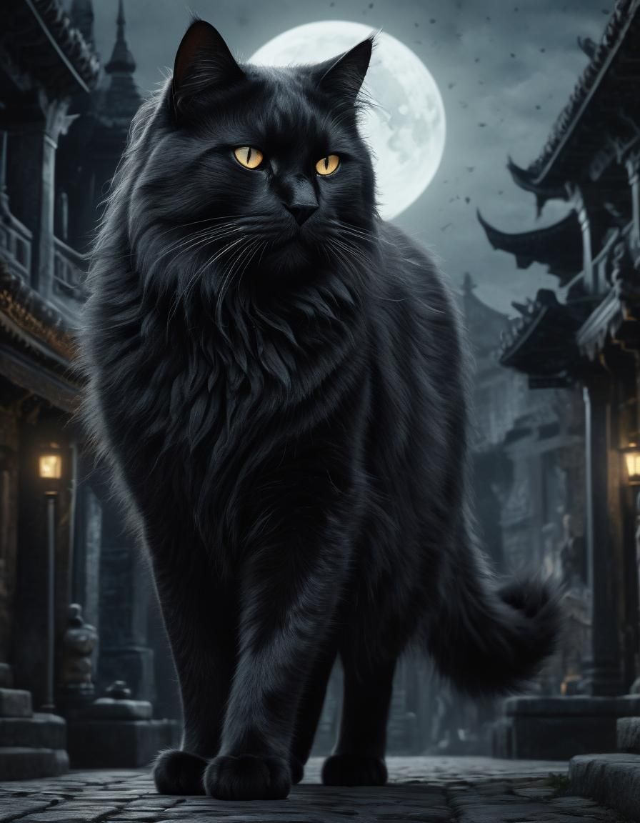 Giant Fluffy Cat in Ancient City: Pencil Drawing