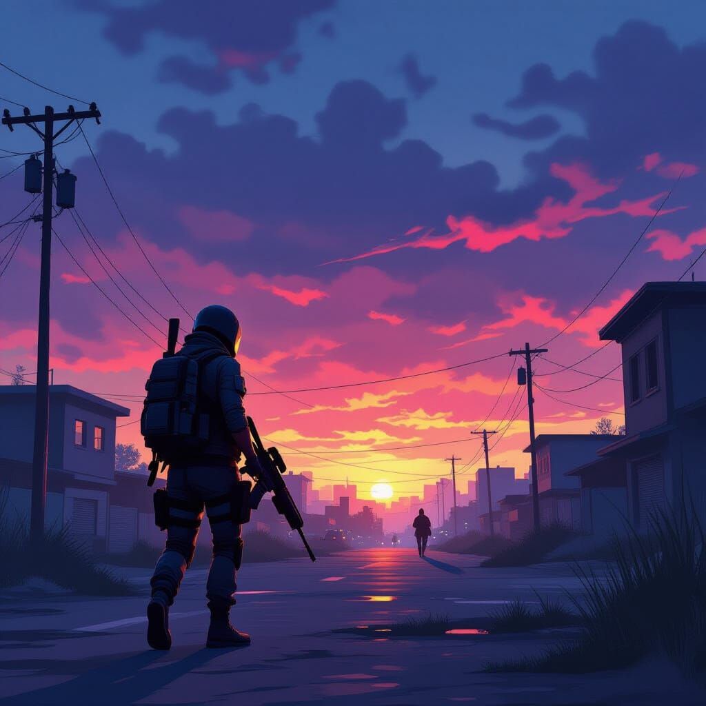 Lone PUBG Player in Neon-Lit Urban War Zone