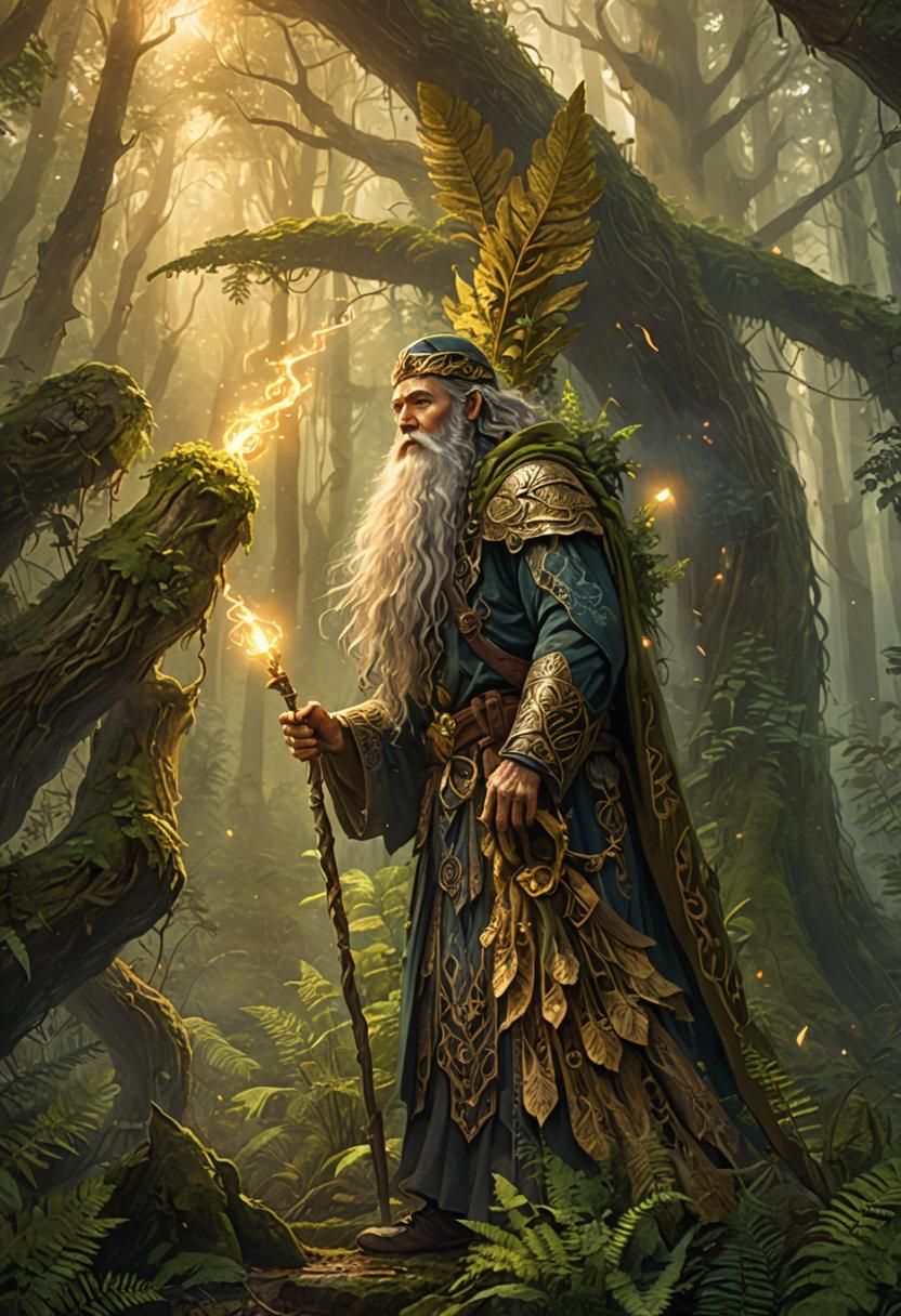 Regal Wizard in Mystical Forest with Glowing Runes