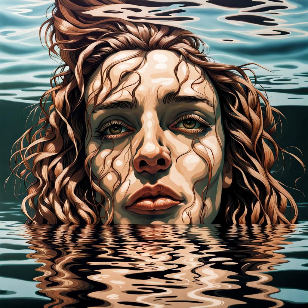 Distorted Woman's Face Reflected in Water: Hyperrealistic