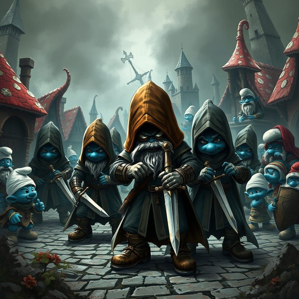 Medieval Smurfs Ambushed by Stealthy Assassins in Hooded Clo...