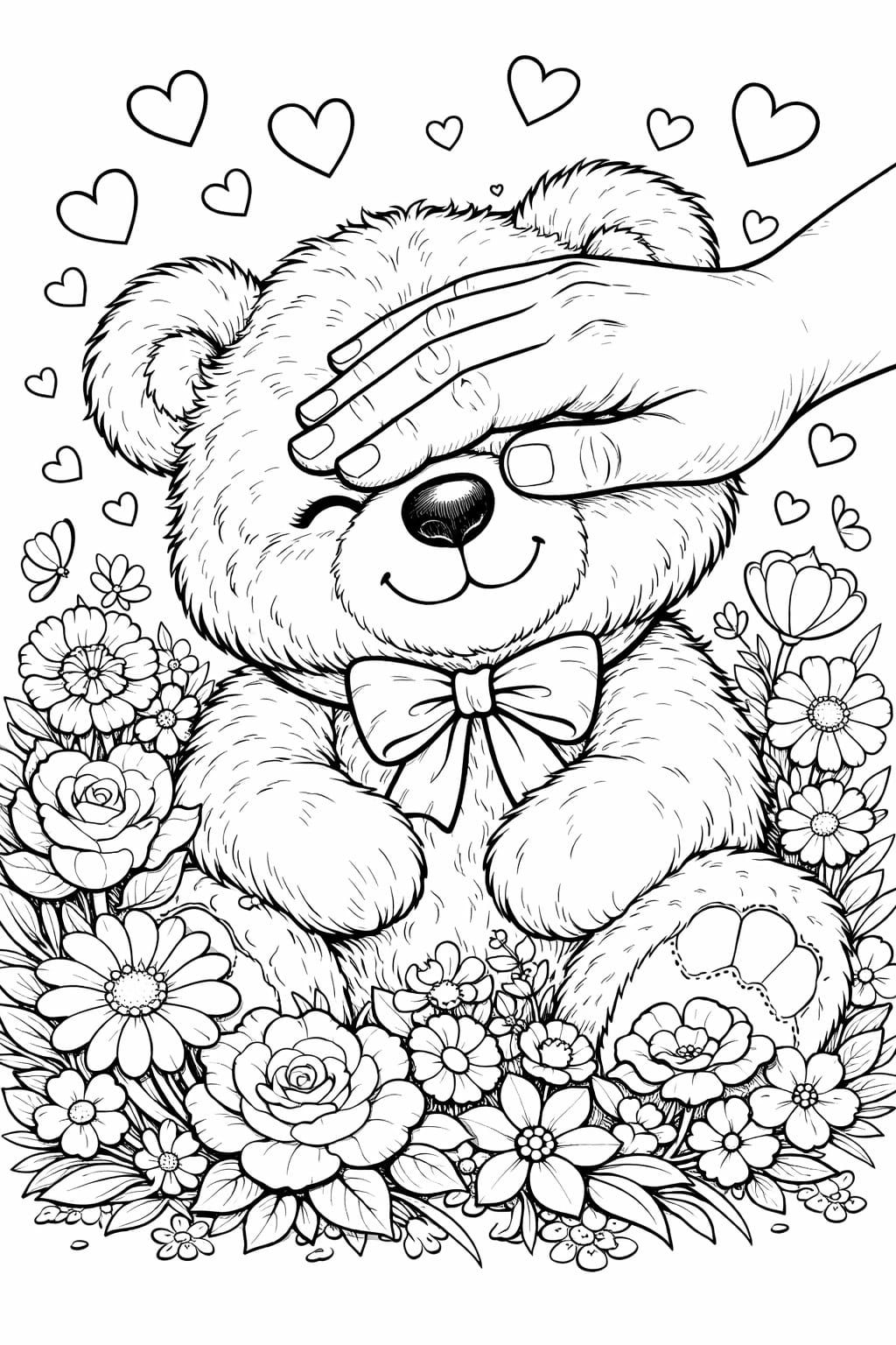 Cute Teddy Bear Coloring Page with Hearts and Flowers