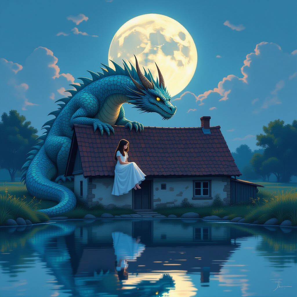Girl and Dragon Reflecting in Moonlit River