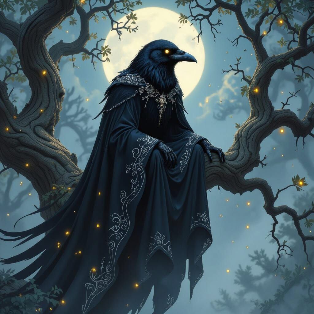 Moonlit Crow in Forest, Fantasy Art Style