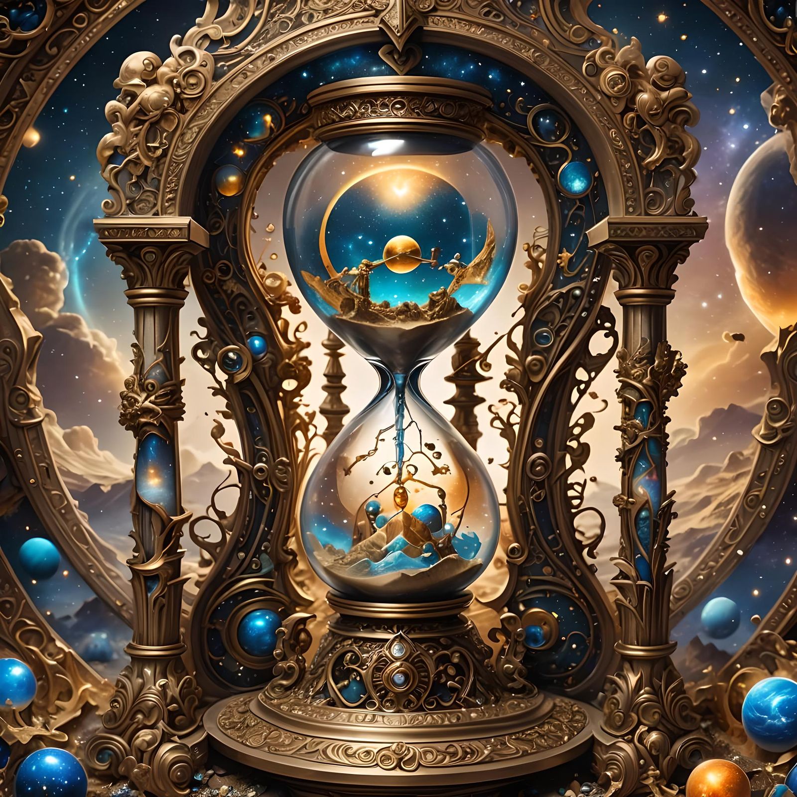 Ornate Hourglass Containing Cosmic Scene