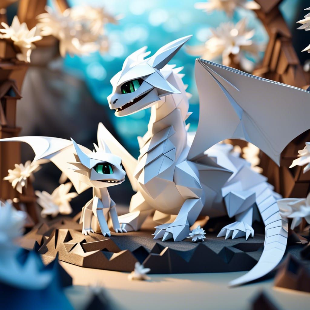 Baby and a Mother Lightfury dragon in a fantasy world of ori...