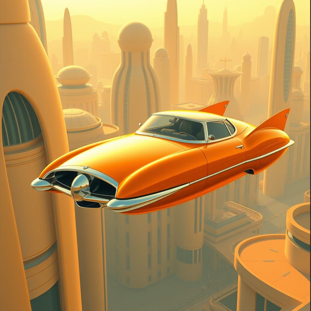 1960s Orange Flying Car in Utopian Cityscape